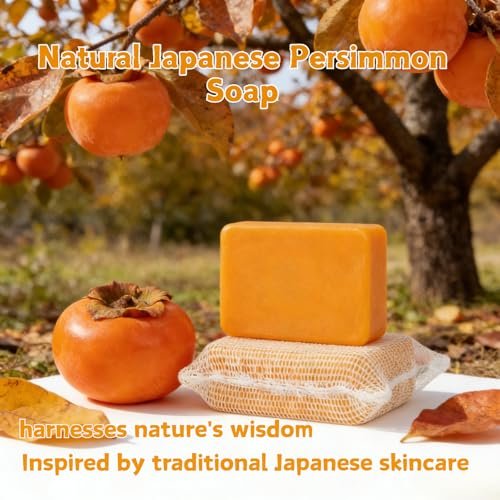 Natural Japanese Persimmon Soap 2-Pack with Exfoliating Loofah Pad & Foaming Nets – Deodorizing Body Soap for Senior & Body Odor, Mild for Most Skin Types Avelisse