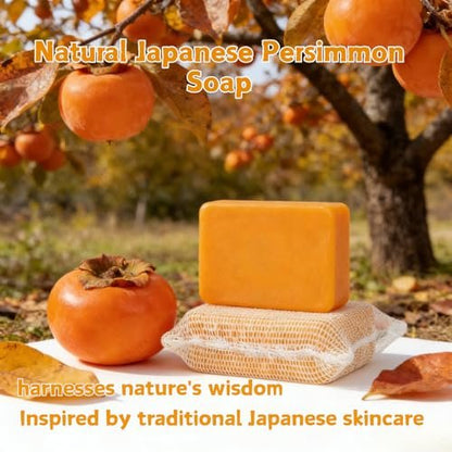 Natural Japanese Persimmon Soap 2-Pack with Exfoliating Loofah Pad & Foaming Nets – Deodorizing Body Soap for Senior & Body Odor, Mild for Most Skin Types Avelisse