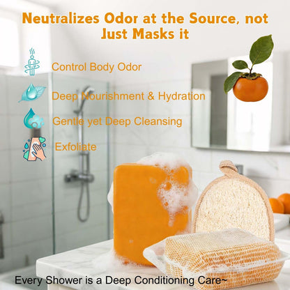 Natural Japanese Persimmon Soap 2-Pack with Exfoliating Loofah Pad & Foaming Nets – Deodorizing Body Soap for Senior & Body Odor, Mild for Most Skin Types Avelisse