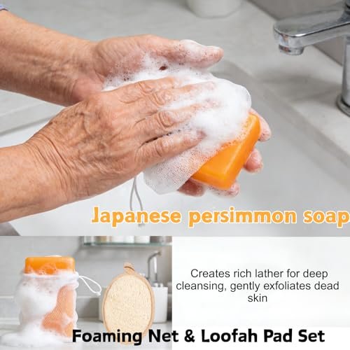 Natural Japanese Persimmon Soap 2-Pack with Exfoliating Loofah Pad & Foaming Nets – Deodorizing Body Soap for Senior & Body Odor, Mild for Most Skin Types Avelisse