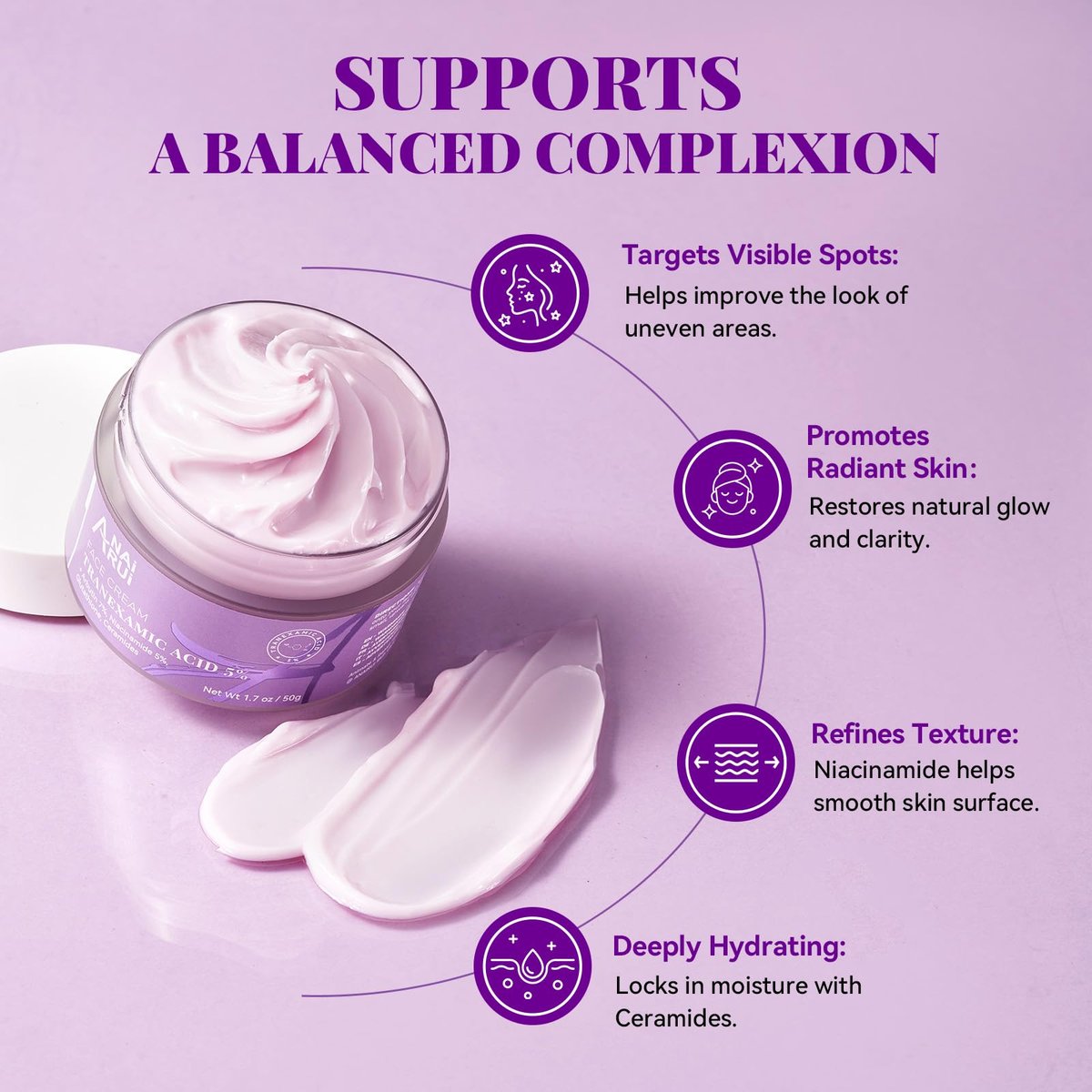 ANAI RUI Tranexamic Acid Cream with 70,000ppm Arbutin & 50,000ppm TXA, 5% Niacinamide - Dark Spot Corrector for Smooth & Even-Looking Skin, 1.7 oz Avelisse