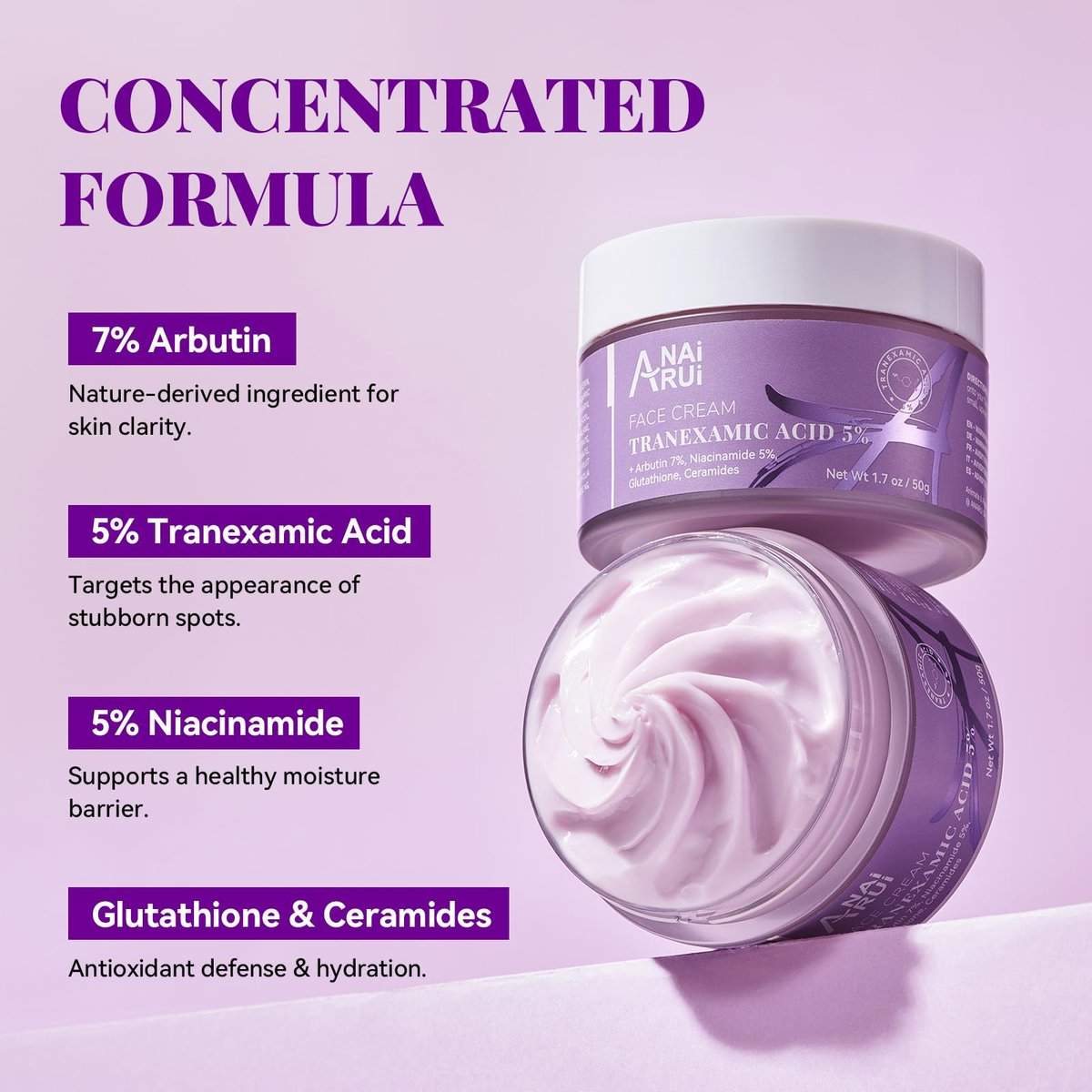 ANAI RUI Tranexamic Acid Cream with 70,000ppm Arbutin & 50,000ppm TXA, 5% Niacinamide - Dark Spot Corrector for Smooth & Even-Looking Skin, 1.7 oz Avelisse