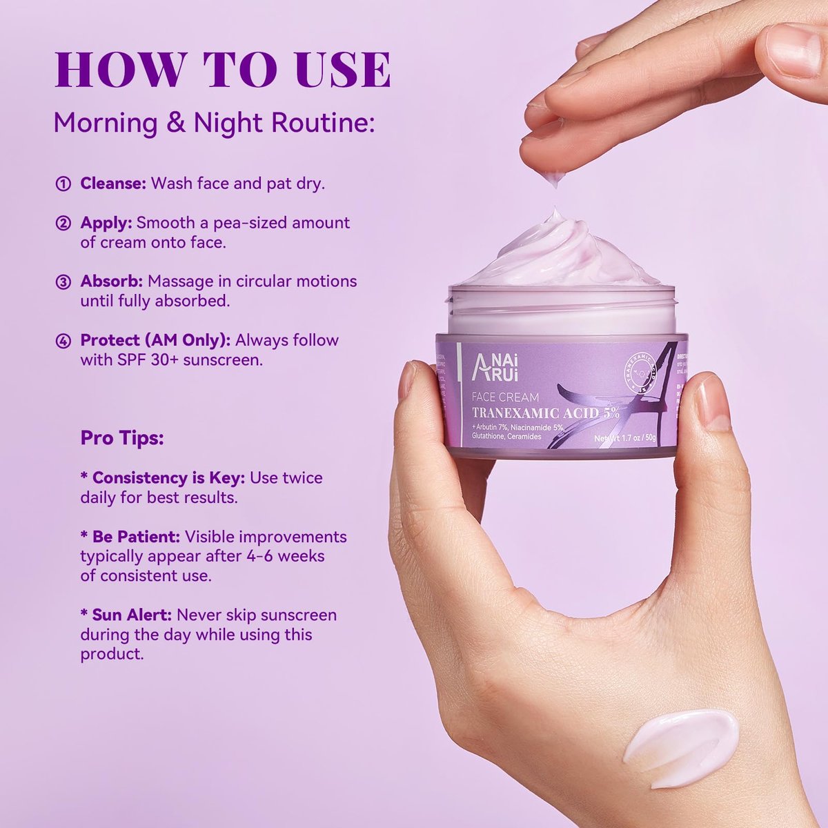 ANAI RUI Tranexamic Acid Cream with 70,000ppm Arbutin & 50,000ppm TXA, 5% Niacinamide - Dark Spot Corrector for Smooth & Even-Looking Skin, 1.7 oz Avelisse