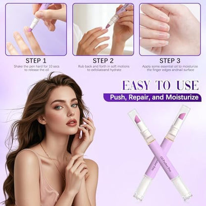 2-in-1 Cuticle Oil Pusher Pen - Ceramic Cuticle Remover for Nails, Nail Care Buffer for Hangnails, Dry & Damaged Nails, Moisturize, Polish, Brighten (2-Pack)