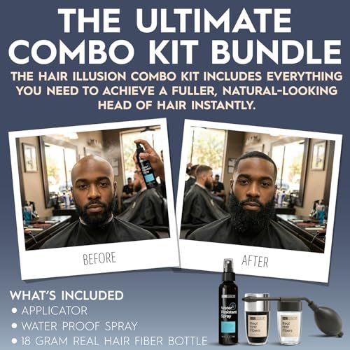 Hair Illusion Black Hair Fibers Kit with Water-Resistant Spray & Applicator – Natural Coverage for Thinning Hair – 18g Avelisse