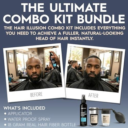 Hair Illusion Black Hair Fibers Kit with Water-Resistant Spray & Applicator – Natural Coverage for Thinning Hair – 18g Avelisse