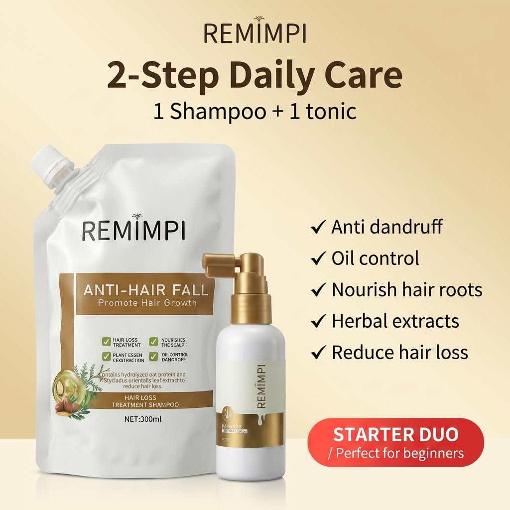 REMIMPI Anti Hair Loss Shampoo & Tonic Set – Reduce Hair Fall, Promote Growth, Oil Control & Anti-Dandruff Scalp Care for Men & Women (300ml Shampoo + 50ml Tonic) Avelisse