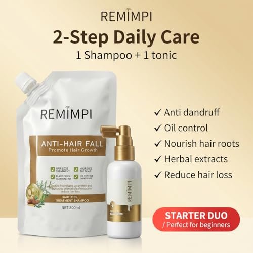 REMIMPI Anti Hair Loss Shampoo & Tonic Set – Reduce Hair Fall, Promote Growth, Oil Control & Anti-Dandruff Scalp Care for Men & Women (300ml Shampoo + 50ml Tonic) Avelisse