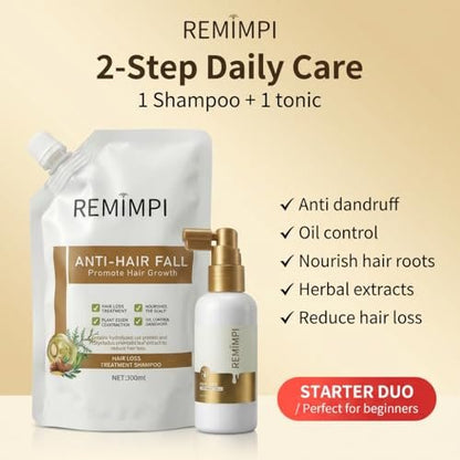 REMIMPI Anti Hair Loss Shampoo & Tonic Set – Reduce Hair Fall, Promote Growth, Oil Control & Anti-Dandruff Scalp Care for Men & Women (300ml Shampoo + 50ml Tonic) Avelisse