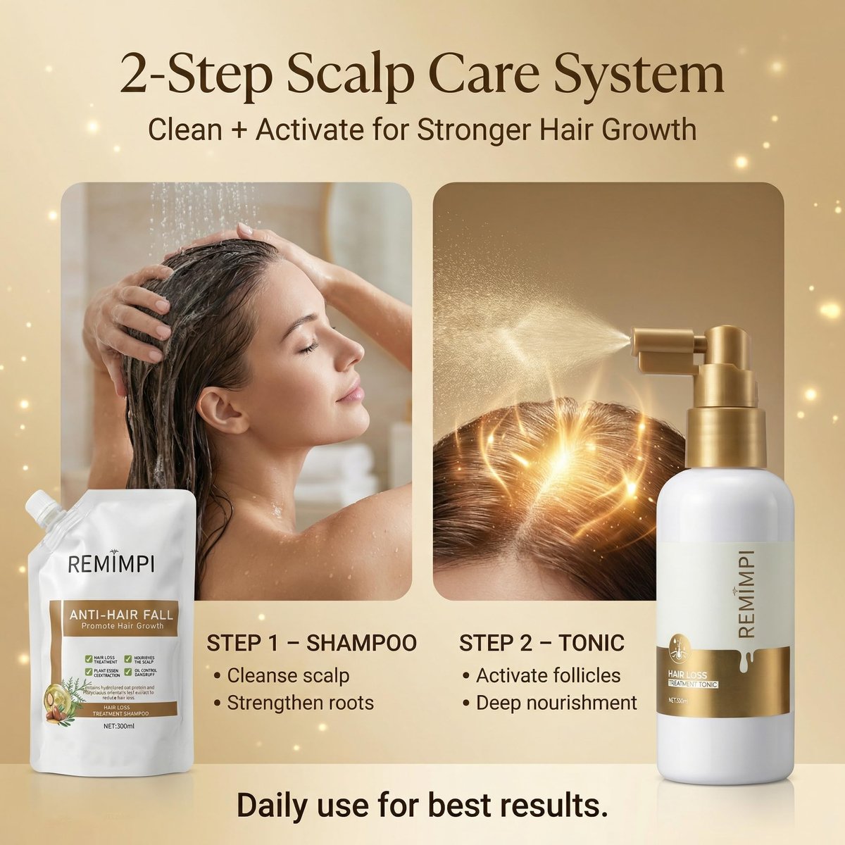 REMIMPI Anti Hair Loss Shampoo & Tonic Set – Reduce Hair Fall, Promote Growth, Oil Control & Anti-Dandruff Scalp Care for Men & Women (300ml Shampoo + 50ml Tonic) Avelisse