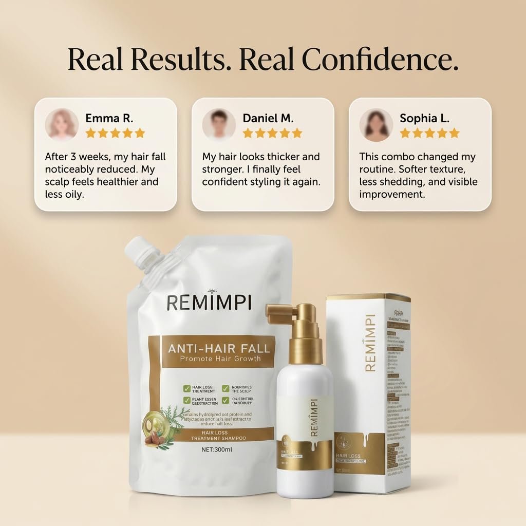 REMIMPI Anti Hair Loss Shampoo & Tonic Set – Reduce Hair Fall, Promote Growth, Oil Control & Anti-Dandruff Scalp Care for Men & Women (300ml Shampoo + 50ml Tonic) Avelisse