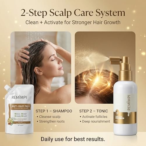 REMIMPI Anti Hair Loss Shampoo & Tonic Set – Reduce Hair Fall, Promote Growth, Oil Control & Anti-Dandruff Scalp Care for Men & Women (300ml Shampoo + 50ml Tonic) Avelisse