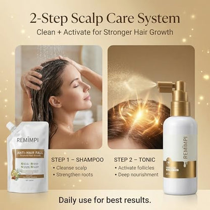 REMIMPI Anti Hair Loss Shampoo & Tonic Set – Reduce Hair Fall, Promote Growth, Oil Control & Anti-Dandruff Scalp Care for Men & Women (300ml Shampoo + 50ml Tonic) Avelisse