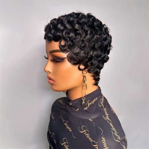 FREEKWEEN Short Curly Pixie Cut Wig for Black Women – 1B Color Finger Wave Style with Pin Curls, Glueless Brazilian Virgin Human Hair Wig for Daily Use Avelisse