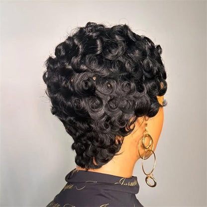 FREEKWEEN Short Curly Pixie Cut Wig for Black Women – 1B Color Finger Wave Style with Pin Curls, Glueless Brazilian Virgin Human Hair Wig for Daily Use Avelisse