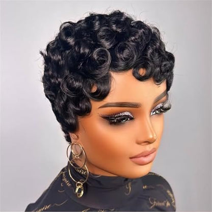 FREEKWEEN Short Curly Pixie Cut Wig for Black Women – 1B Color Finger Wave Style with Pin Curls, Glueless Brazilian Virgin Human Hair Wig for Daily Use Avelisse