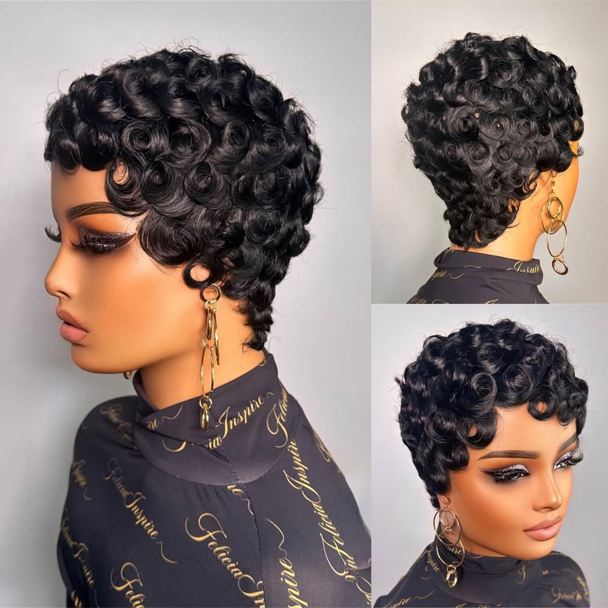 FREEKWEEN Short Curly Pixie Cut Wig for Black Women – 1B Color Finger Wave Style with Pin Curls, Glueless Brazilian Virgin Human Hair Wig for Daily Use Avelisse