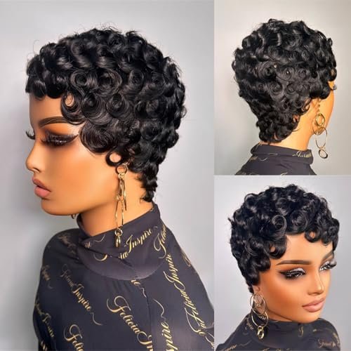 FREEKWEEN Short Curly Pixie Cut Wig for Black Women – 1B Color Finger Wave Style with Pin Curls, Glueless Brazilian Virgin Human Hair Wig for Daily Use Avelisse