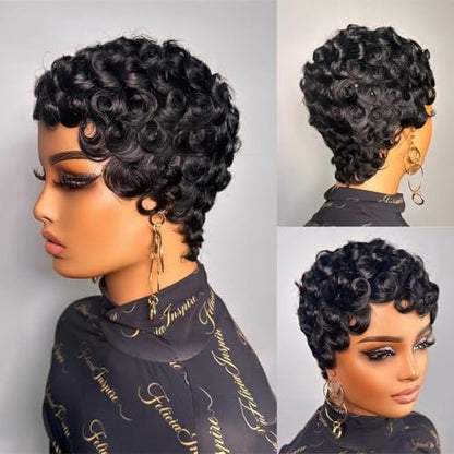 FREEKWEEN Short Curly Pixie Cut Wig for Black Women – 1B Color Finger Wave Style with Pin Curls, Glueless Brazilian Virgin Human Hair Wig for Daily Use Avelisse