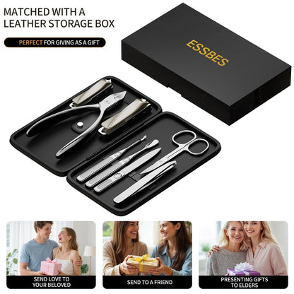 ESSBES Precision Nail Grooming Manicure Set - Stainless Steel Nail Clipper Kit with PU Leather Case