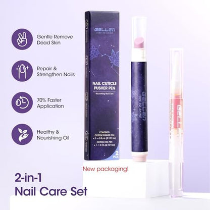 Gellen Ceramic Cuticle Oil Pusher Pen, 2-in-1 Cuticle Remover & Nourishing Oil Pen for Hangnails & Dry Damaged Nails, 2 Pack Cuticle Care Set for Home and Salon Use
