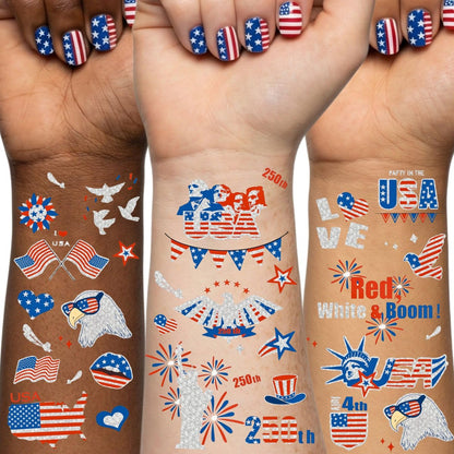 Vagilelf 250th Anniversary Decorations - 3 Sheets 4th of July Tattoos, America 250 Merchandise with Premium Silver Foil, Shimmering Red White and Blue Patriotic Body Stickers for USA Party Decorations
