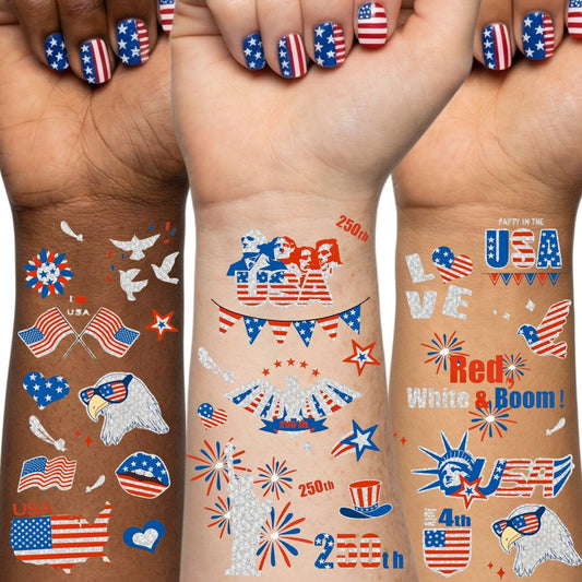 Vagilelf 250th Anniversary Decorations - 3 Sheets 4th of July Tattoos, America 250 Merchandise with Premium Silver Foil, Shimmering Red White and Blue Patriotic Body Stickers for USA Party Decorations