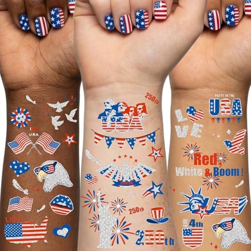 Vagilelf 250th Anniversary Decorations - 3 Sheets 4th of July Tattoos, America 250 Merchandise with Premium Silver Foil, Shimmering Red White and Blue Patriotic Body Stickers for USA Party Decorations - görsel 2