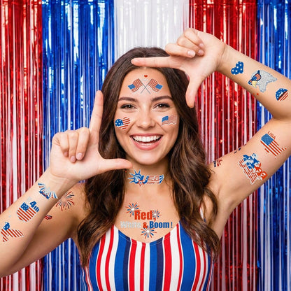 Vagilelf 250th Anniversary Decorations - 3 Sheets 4th of July Tattoos, America 250 Merchandise with Premium Silver Foil, Shimmering Red White and Blue Patriotic Body Stickers for USA Party Decorations