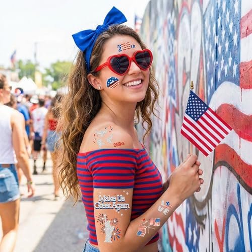Vagilelf 250th Anniversary Decorations - 3 Sheets 4th of July Tattoos, America 250 Merchandise with Premium Silver Foil, Shimmering Red White and Blue Patriotic Body Stickers for USA Party Decorations - görsel 8