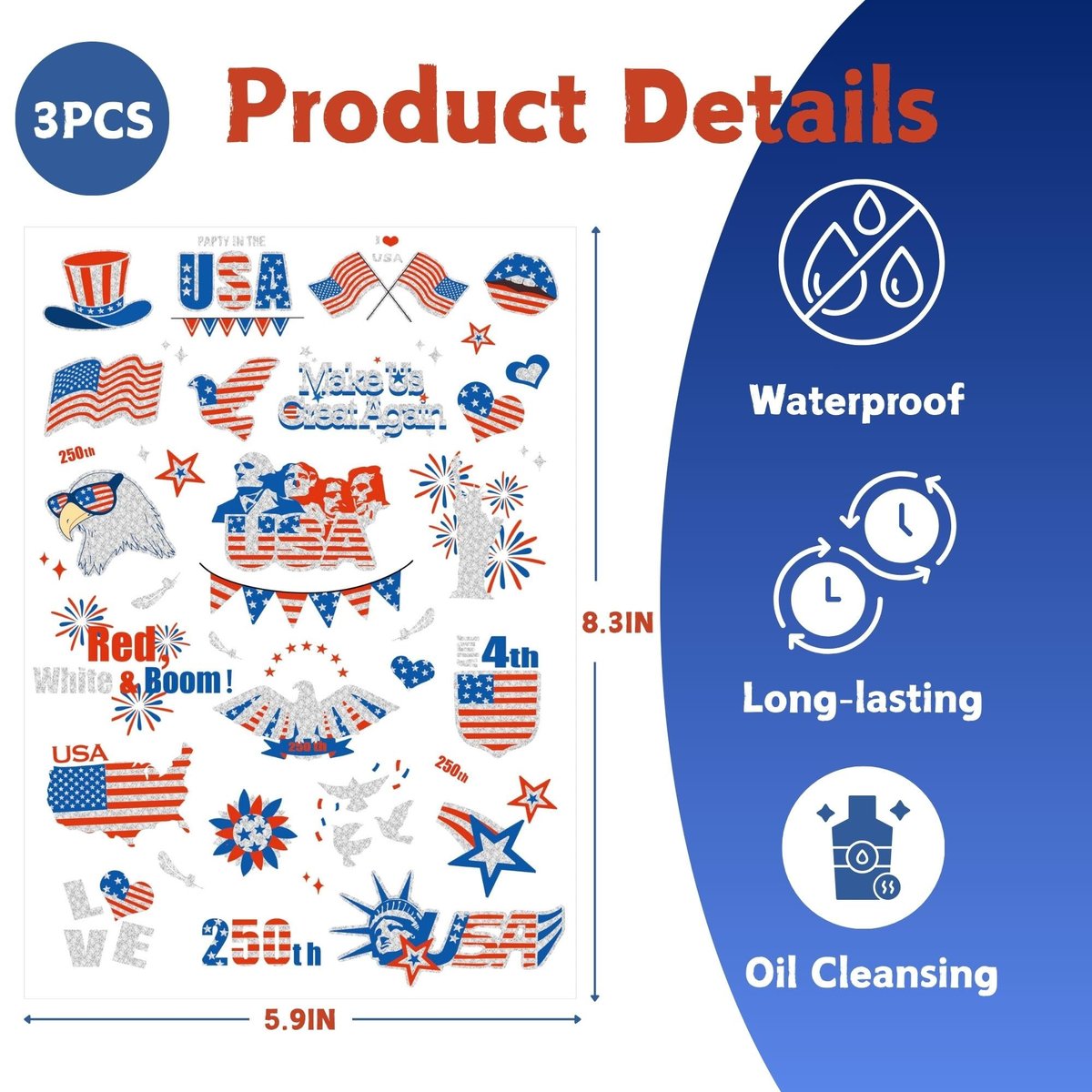 Vagilelf 250th Anniversary Decorations - 3 Sheets 4th of July Tattoos, America 250 Merchandise with Premium Silver Foil, Shimmering Red White and Blue Patriotic Body Stickers for USA Party Decorations - görsel 3