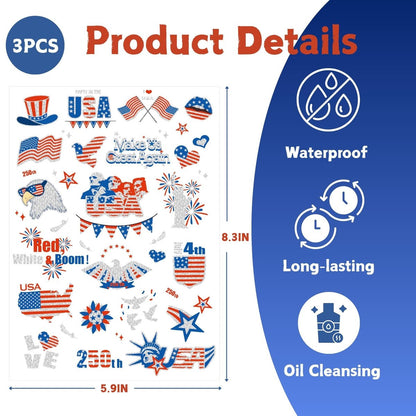 Vagilelf 250th Anniversary Decorations - 3 Sheets 4th of July Tattoos, America 250 Merchandise with Premium Silver Foil, Shimmering Red White and Blue Patriotic Body Stickers for USA Party Decorations