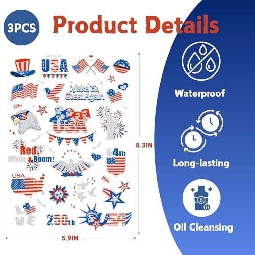 Vagilelf 250th Anniversary Decorations - 3 Sheets 4th of July Tattoos, America 250 Merchandise with Premium Silver Foil, Shimmering Red White and Blue Patriotic Body Stickers for USA Party Decorations - görsel 4