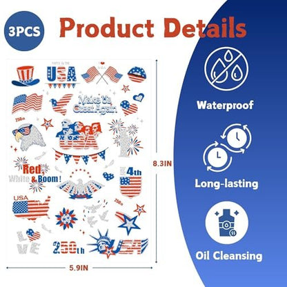 Vagilelf 250th Anniversary Decorations - 3 Sheets 4th of July Tattoos, America 250 Merchandise with Premium Silver Foil, Shimmering Red White and Blue Patriotic Body Stickers for USA Party Decorations