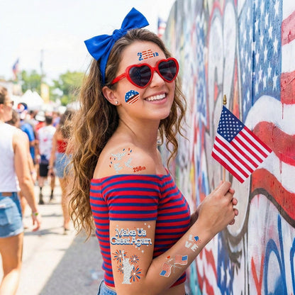 Vagilelf 250th Anniversary Decorations - 3 Sheets 4th of July Tattoos, America 250 Merchandise with Premium Silver Foil, Shimmering Red White and Blue Patriotic Body Stickers for USA Party Decorations