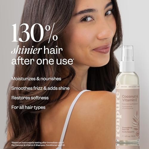 Renpure Coconut & Vitamin E Nourishing Moisture Hair Oil – Smooths Frizz, Adds Shine & Softness – Lightweight, Silicone-Free, Plant-Based Formula – For Dry, Brittleness & Flyaways – 4 Fl Oz Avelisse