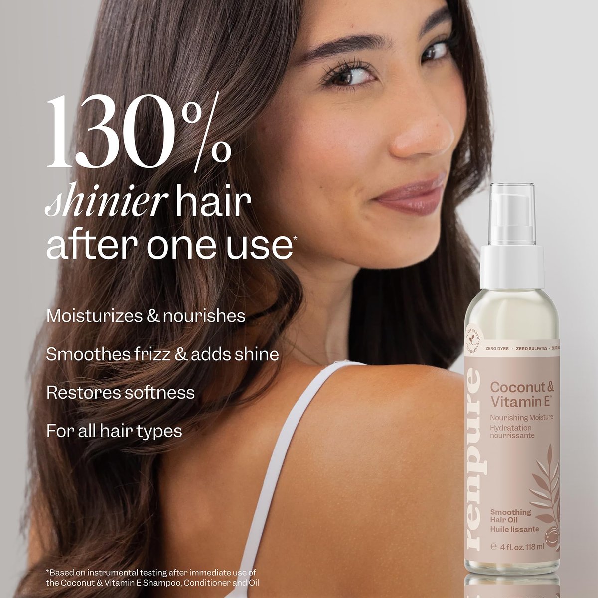 Renpure Coconut & Vitamin E Nourishing Moisture Hair Oil – Smooths Frizz, Adds Shine & Softness – Lightweight, Silicone-Free, Plant-Based Formula – For Dry, Brittleness & Flyaways – 4 Fl Oz Avelisse
