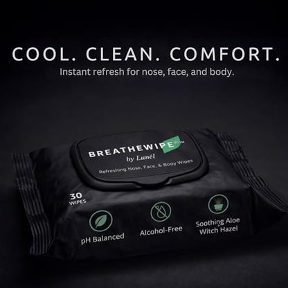 Breathewipe by Lunél Arctic Menthol Cooling Wipes – Witch Hazel & Eucalyptus Total Revitalize | Stuffy Moments & Post-Gym Refresh | XL Nose, Face & Body Wipes for Adults | Flushable (3 Packs, 90 Total) Avelisse