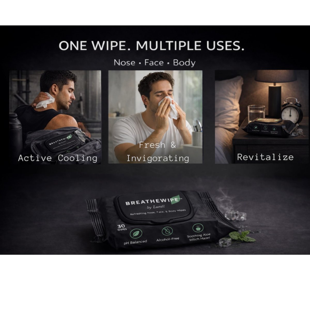 Breathewipe by Lunél Arctic Menthol Cooling Wipes – Witch Hazel & Eucalyptus Total Revitalize | Stuffy Moments & Post-Gym Refresh | XL Nose, Face & Body Wipes for Adults | Flushable (3 Packs, 90 Total) Avelisse