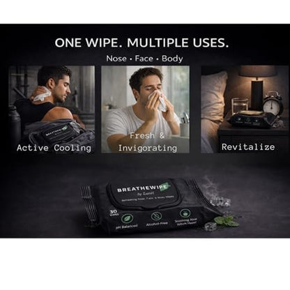 Breathewipe by Lunél Arctic Menthol Cooling Wipes – Witch Hazel & Eucalyptus Total Revitalize | Stuffy Moments & Post-Gym Refresh | XL Nose, Face & Body Wipes for Adults | Flushable (3 Packs, 90 Total) Avelisse