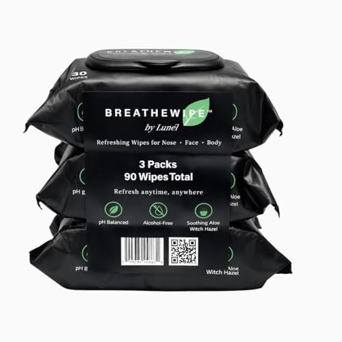 Breathewipe by Lunél Arctic Menthol Cooling Wipes – Witch Hazel & Eucalyptus Total Revitalize | Stuffy Moments & Post-Gym Refresh | XL Nose, Face & Body Wipes for Adults | Flushable (3 Packs, 90 Total) Avelisse