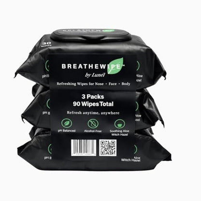 Breathewipe by Lunél Arctic Menthol Cooling Wipes – Witch Hazel & Eucalyptus Total Revitalize | Stuffy Moments & Post-Gym Refresh | XL Nose, Face & Body Wipes for Adults | Flushable (3 Packs, 90 Total) Avelisse