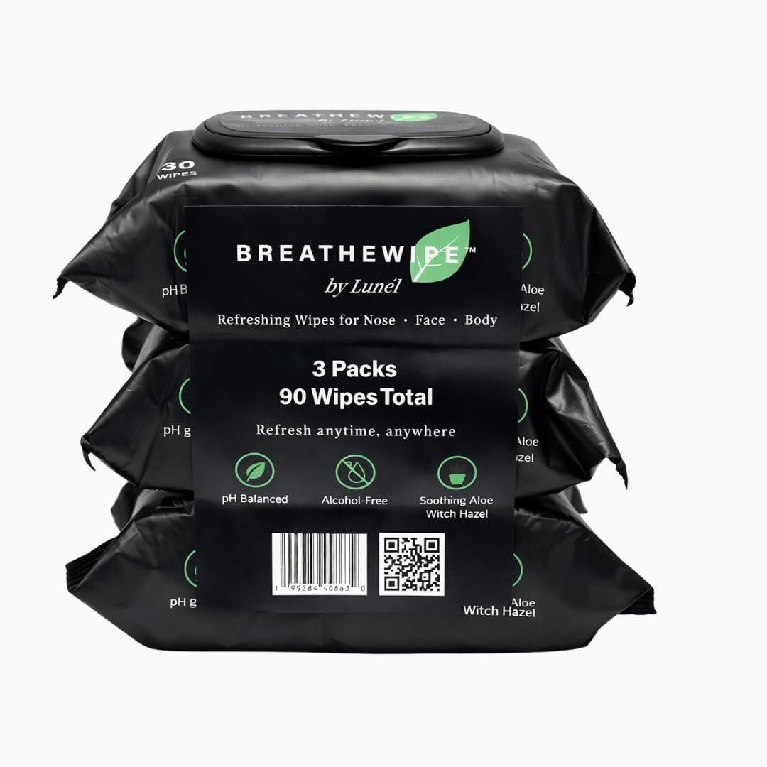 Breathewipe by Lunél Arctic Menthol Cooling Wipes – Witch Hazel & Eucalyptus Total Revitalize | Stuffy Moments & Post-Gym Refresh | XL Nose, Face & Body Wipes for Adults | Flushable (3 Packs, 90 Total) Avelisse