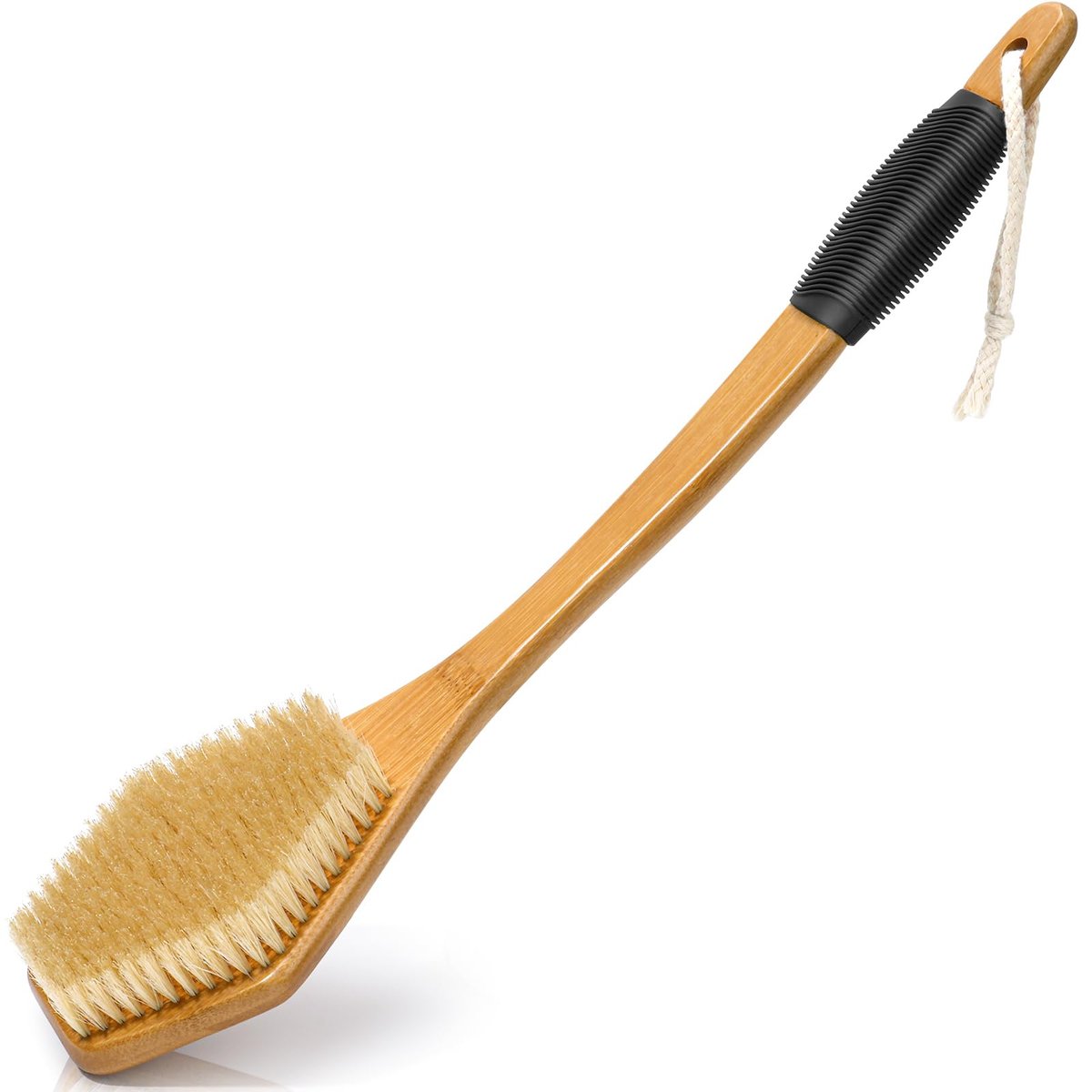 eaxun Bamboo Back Brush with Curved Long Handle - 17.5 Inch Shower Back Scrubber with Stiff Bristles for Men and Women, Exfoliating Body Washer Anti Slip Exfoliator for Bath or Dry Brushing Avelisse