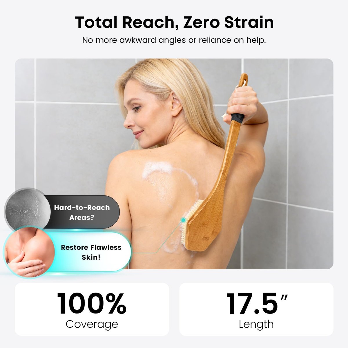 eaxun Bamboo Back Brush with Curved Long Handle - 17.5 Inch Shower Back Scrubber with Stiff Bristles for Men and Women, Exfoliating Body Washer Anti Slip Exfoliator for Bath or Dry Brushing Avelisse
