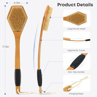 eaxun Bamboo Back Brush with Curved Long Handle - 17.5 Inch Shower Back Scrubber with Stiff Bristles for Men and Women, Exfoliating Body Washer Anti Slip Exfoliator for Bath or Dry Brushing Avelisse
