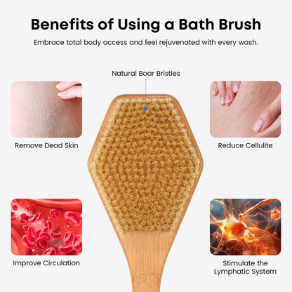 eaxun Bamboo Back Brush with Curved Long Handle - 17.5 Inch Shower Back Scrubber with Stiff Bristles for Men and Women, Exfoliating Body Washer Anti Slip Exfoliator for Bath or Dry Brushing Avelisse