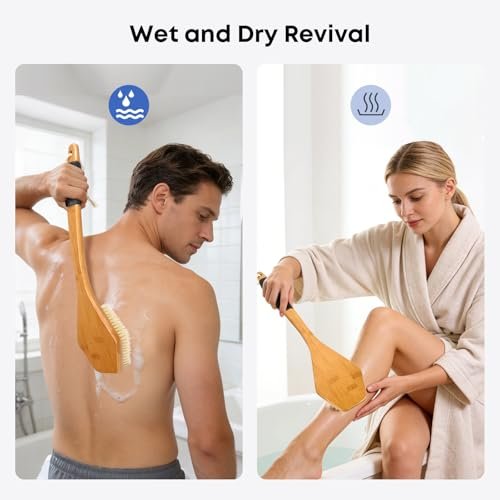 eaxun Bamboo Back Brush with Curved Long Handle - 17.5 Inch Shower Back Scrubber with Stiff Bristles for Men and Women, Exfoliating Body Washer Anti Slip Exfoliator for Bath or Dry Brushing Avelisse