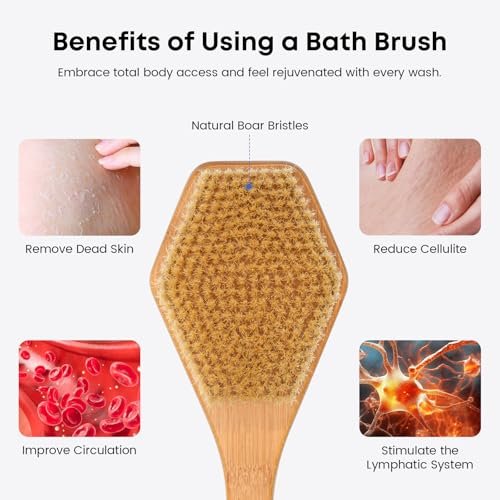 eaxun Bamboo Back Brush with Curved Long Handle - 17.5 Inch Shower Back Scrubber with Stiff Bristles for Men and Women, Exfoliating Body Washer Anti Slip Exfoliator for Bath or Dry Brushing Avelisse