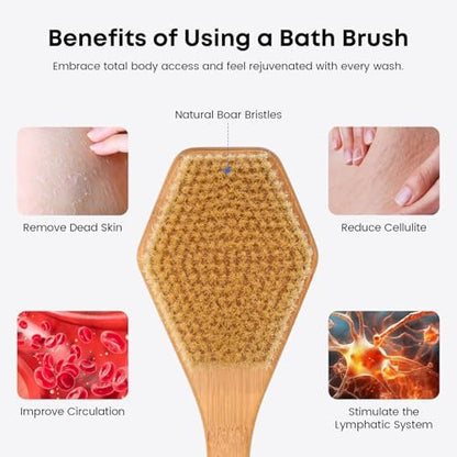 eaxun Bamboo Back Brush with Curved Long Handle - 17.5 Inch Shower Back Scrubber with Stiff Bristles for Men and Women, Exfoliating Body Washer Anti Slip Exfoliator for Bath or Dry Brushing Avelisse